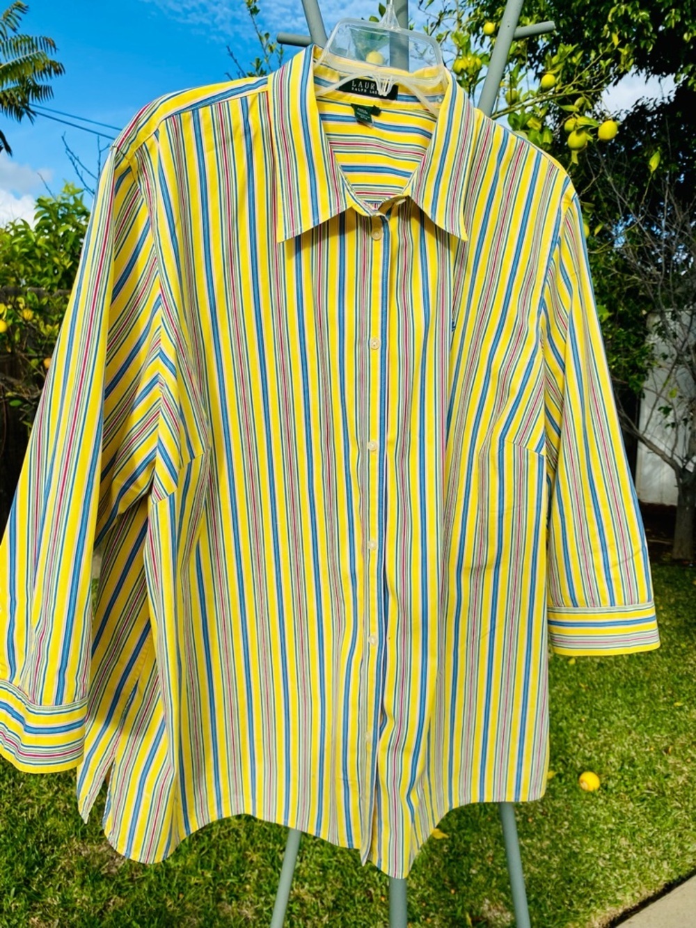LAUREN RALPH LAUREN Yellow Striped Button Front Shirt 3x Cotton RL Logo